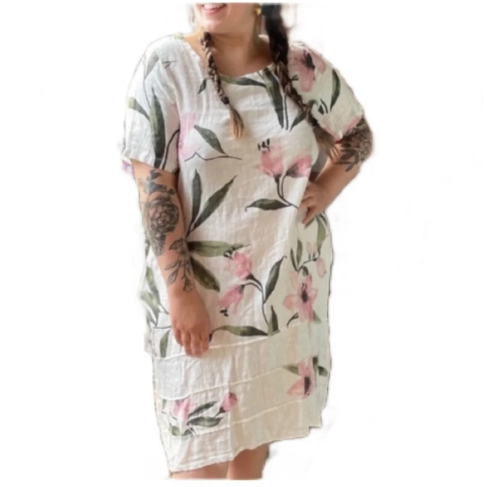 NWT LUNGO L’ARNO 100%linen Italian Flowers Print Linen Dress